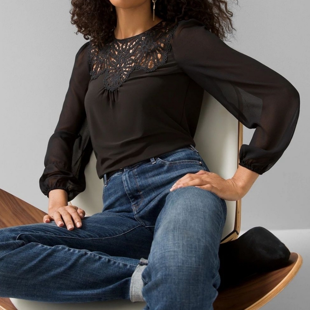 White House Black Market Long Sleeve Matte Jersey Openwork Lace Top
